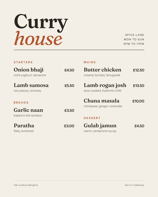 Curry house print menu