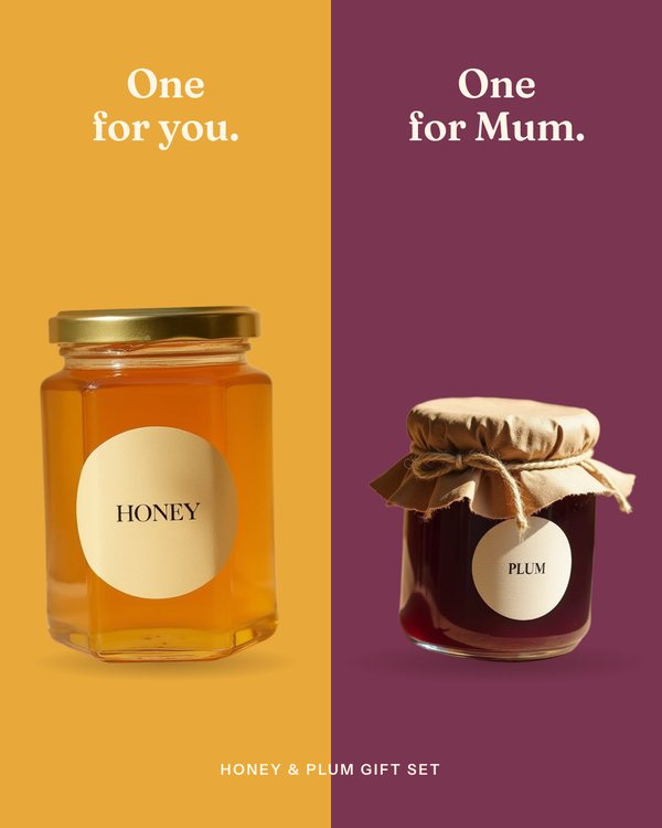 Split screen ad: honey and jam, one for you, one for Mum